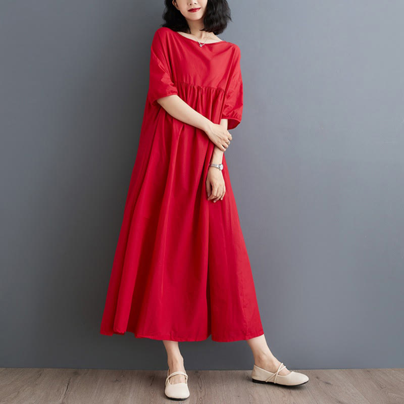 Buddha Stones Casual Solid Color Pleated Design Crew Neck Half Puff Sleeve Cotton Maxi Dress