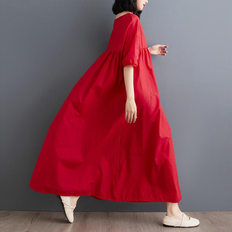 Buddha Stones Casual Solid Color Pleated Design Crew Neck Half Puff Sleeve Cotton Maxi Dress