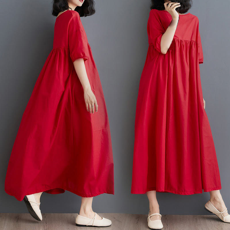 Buddha Stones Casual Solid Color Pleated Design Crew Neck Half Puff Sleeve Cotton Maxi Dress