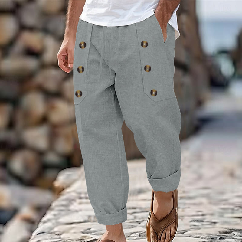 Buddha Stones Casual Plain Color Buttons Men's Cotton Pants With Pockets