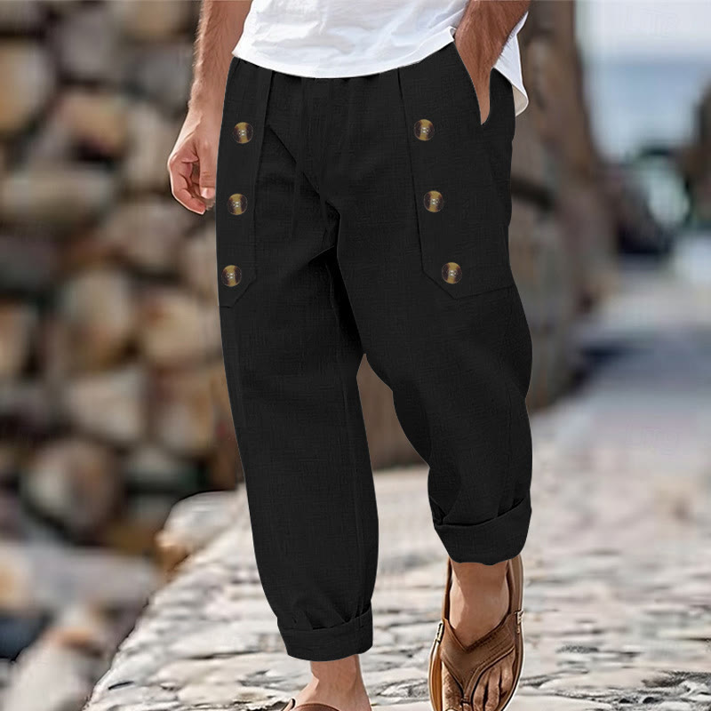 Buddha Stones Casual Plain Color Buttons Men's Cotton Pants With Pockets