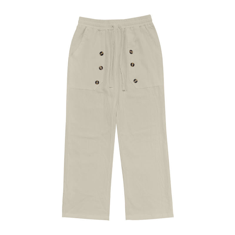 Buddha Stones Casual Plain Color Buttons Men's Cotton Pants With Pockets
