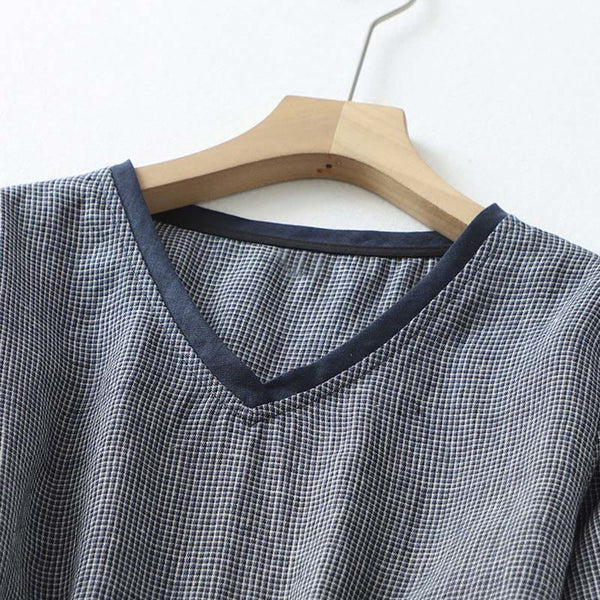 Buddha Stones Commute MidnightBlue Plaid Lace-Up Design Cotton Linen Midi Dress With Pockets