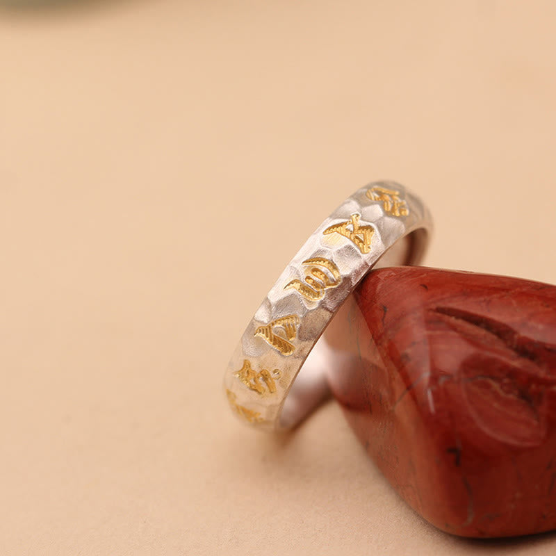 Buddha Stones Hammer Pattern Om Mani Padme Hum Copper Plated Silver Wealth Ring