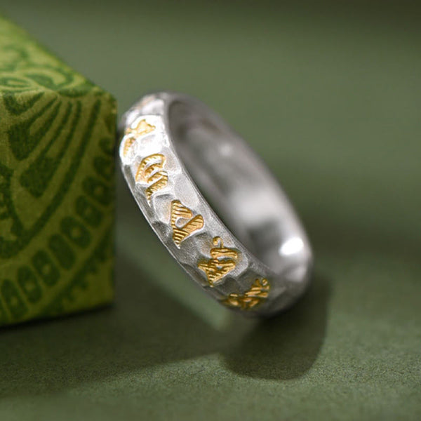 Buddha Stones Hammer Pattern Om Mani Padme Hum Copper Plated Silver Wealth Ring