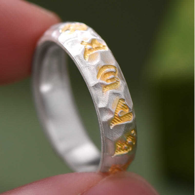 Buddha Stones Hammer Pattern Om Mani Padme Hum Copper Plated Silver Wealth Ring