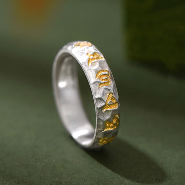 Buddha Stones Hammer Pattern Om Mani Padme Hum Copper Plated Silver Wealth Ring