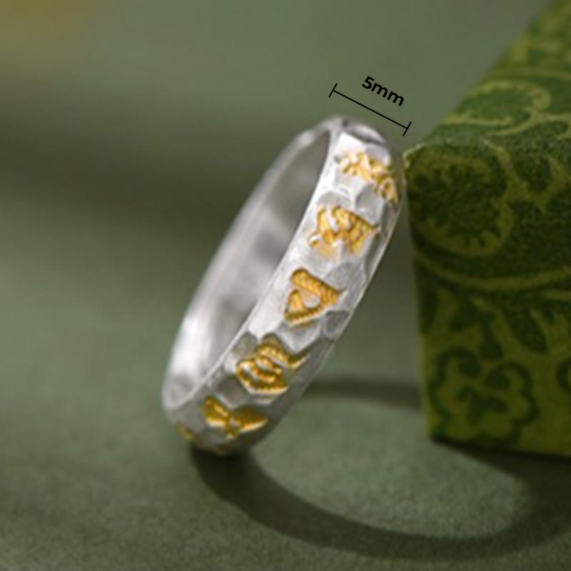 Buddha Stones 999 Sterling Silver Hammer Pattern Om Mani Padme Hum Balance Ring