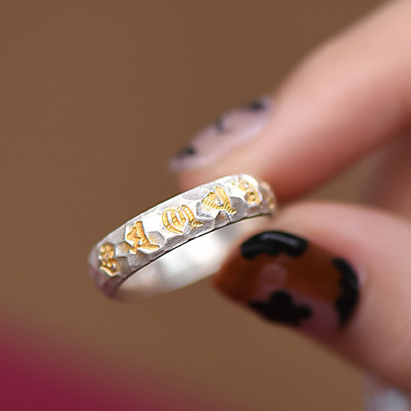 Buddha Stones 999 Sterling Silver Hammer Pattern Om Mani Padme Hum Balance Ring