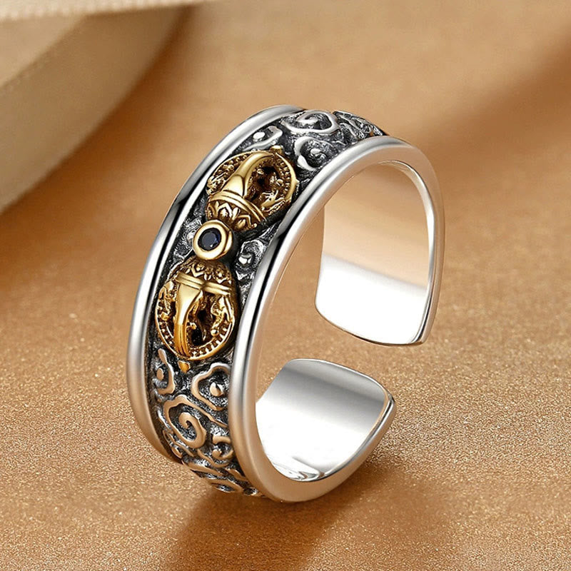 Buddha Stones Vintage Tibetan Vajra Auspicious Clouds Pattern Copper Pleated Silver Balance Ring