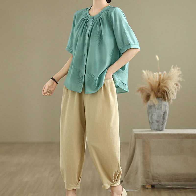 Buddha Stones 2pcs Casual Women's Short Sleeve Shirt Harem Pants Meditation Clothing Set