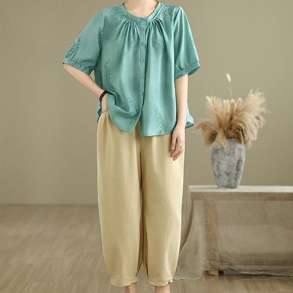 Buddha Stones 2pcs Casual Women's Short Sleeve Shirt Harem Pants Meditation Clothing Set