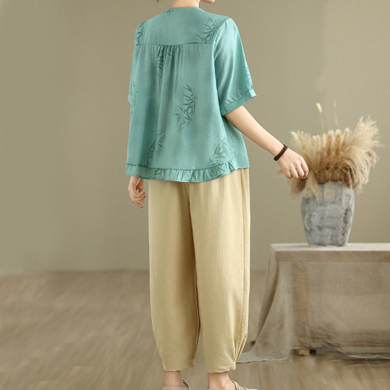 Buddha Stones 2pcs Casual Women's Short Sleeve Shirt Harem Pants Meditation Clothing Set