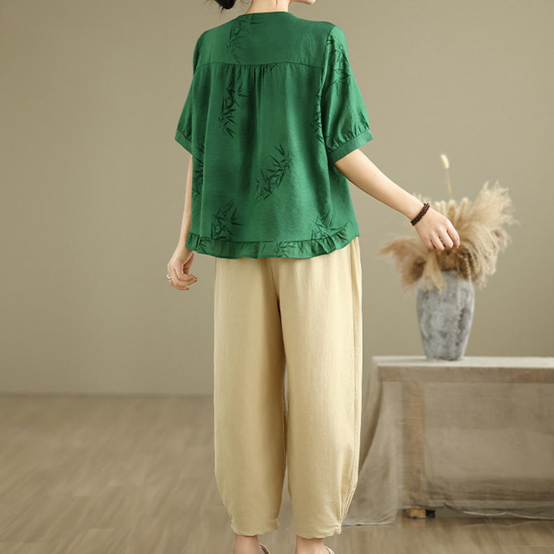 Buddha Stones 2pcs Casual Women's Short Sleeve Shirt Harem Pants Meditation Clothing Set