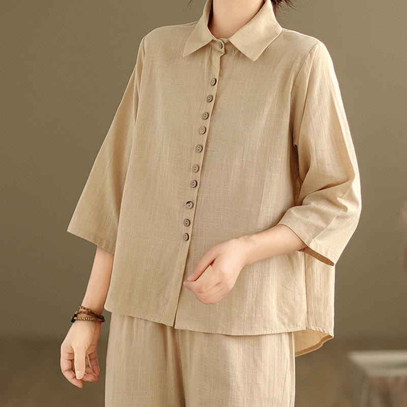 Buddha Stones 2pcs Casual Women's Stand Collar Shirt Loose Pants Meditation Clothing Set