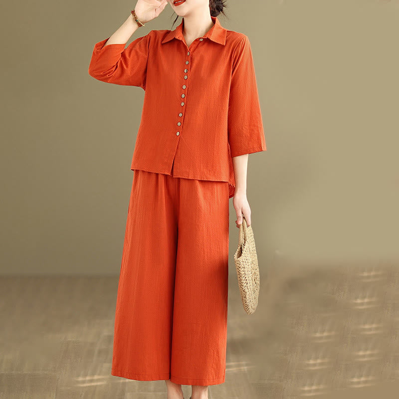 Buddha Stones 2pcs Casual Women's Stand Collar Shirt Loose Pants Meditation Clothing Set