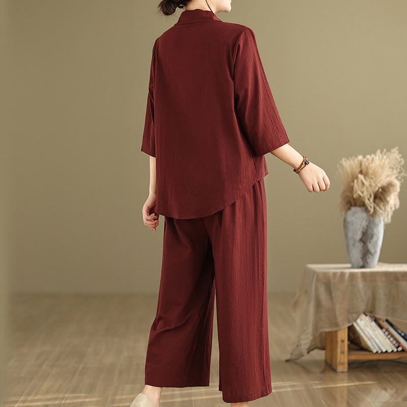 Buddha Stones 2pcs Casual Women's Stand Collar Shirt Loose Pants Meditation Clothing Set
