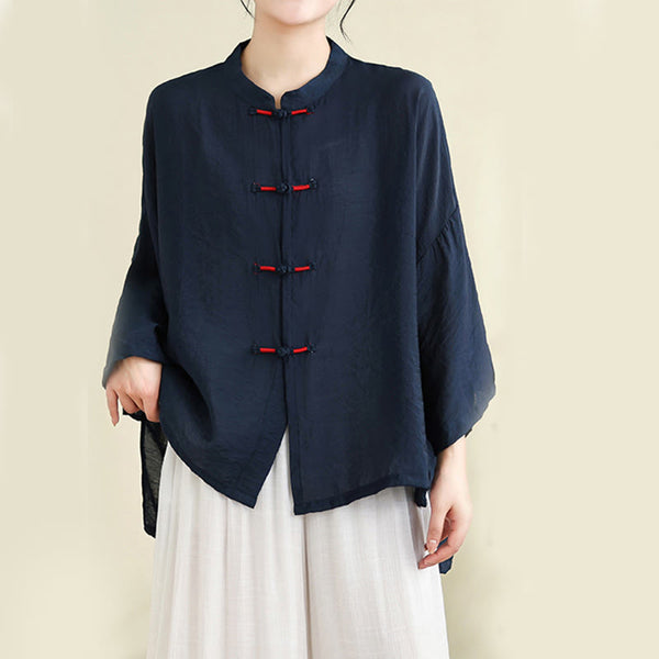 Buddha Stones 2pcs Casual Women's Frog Button Shirt Loose Pants Meditation Clothing Set