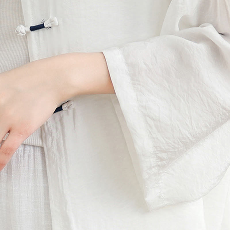 Buddha Stones 2pcs Casual Women's Frog Button Shirt Loose Pants Meditation Clothing Set