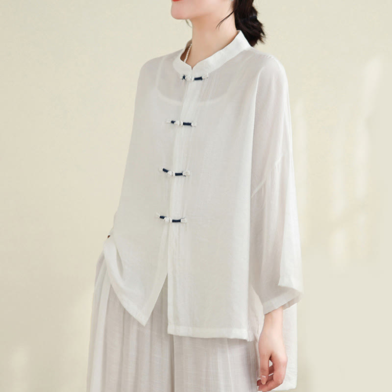 Buddha Stones 2pcs Casual Women's Frog Button Shirt Loose Pants Meditation Clothing Set