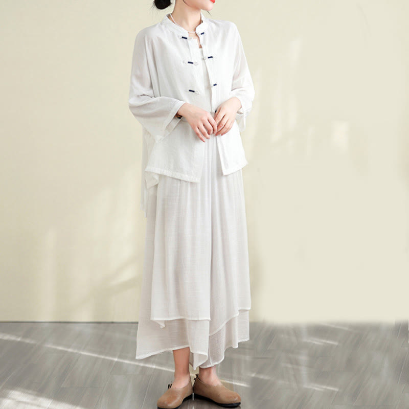 Buddha Stones 2pcs Casual Women's Frog Button Shirt Loose Pants Meditation Clothing Set