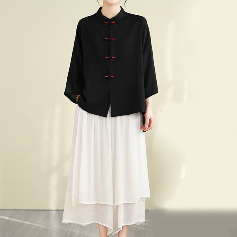 Buddha Stones 2pcs Casual Women's Frog Button Shirt Loose Pants Meditation Clothing Set