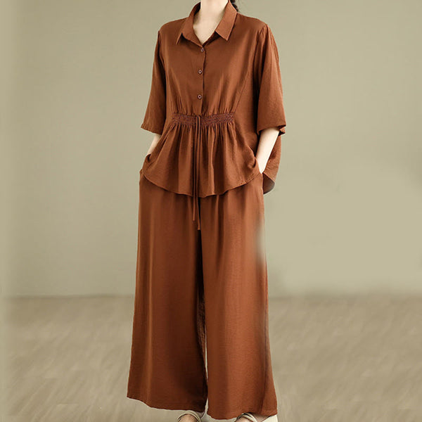 Buddha Stones 2pcs Casual Women's Stand Collar Shirt Loose Pants Meditation Clothing Set