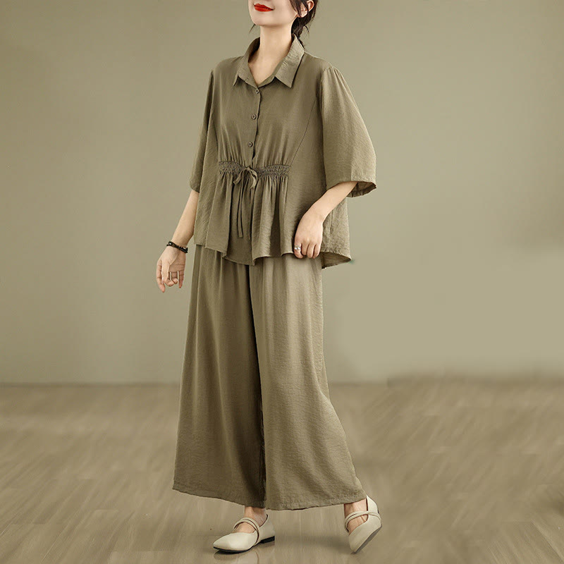 Buddha Stones 2pcs Casual Women's Stand Collar Shirt Loose Pants Meditation Clothing Set