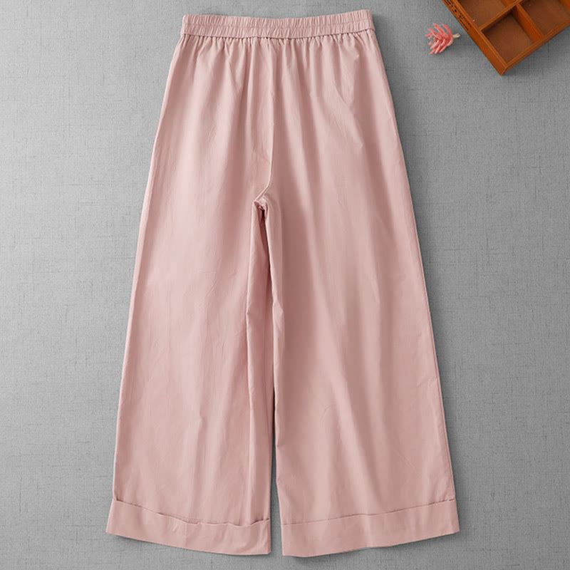Buddha Stones Casual Plain High Waist Women's Polyester 7-8 Length Wide Leg Pants With Pockets