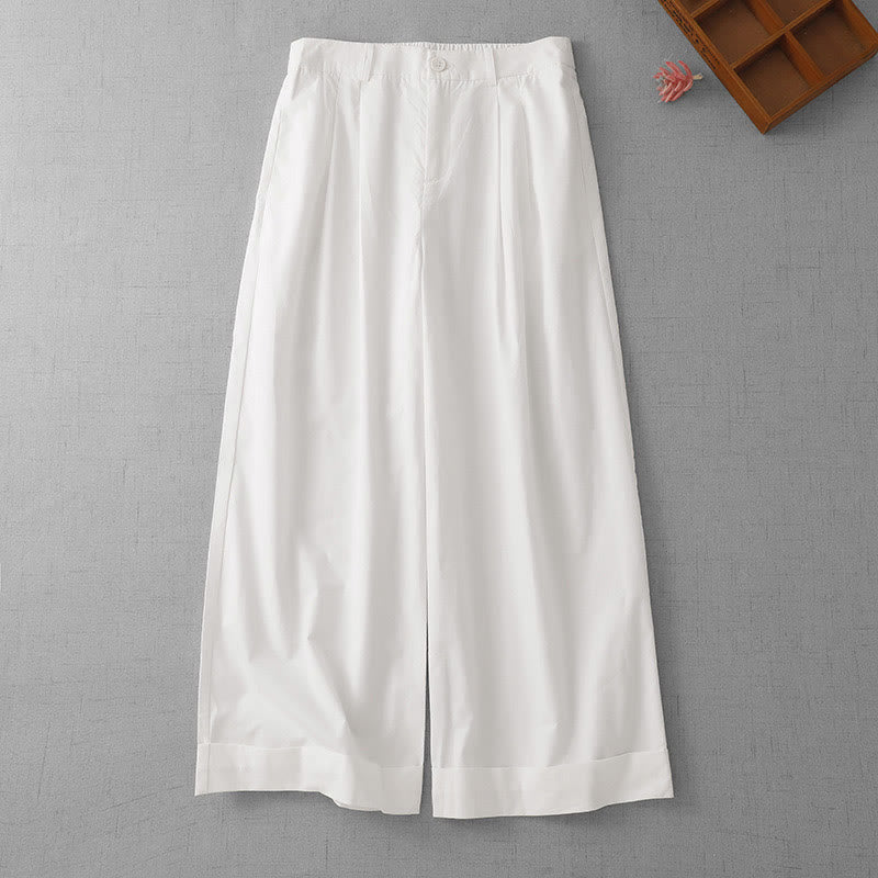 Buddha Stones Casual Plain High Waist Women's Polyester 7-8 Length Wide Leg Pants With Pockets
