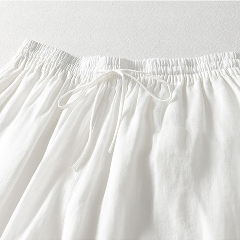 Buddha Stones Casual Drawstring Cotton Linen Ankle-Length Women's Wide Leg Pants With Pockets