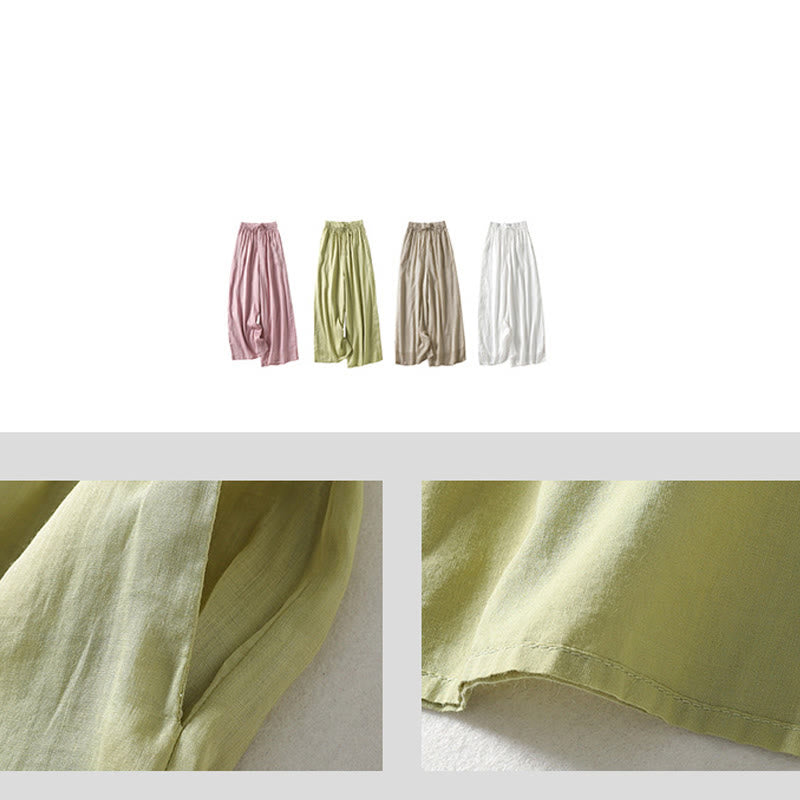 Buddha Stones Casual Drawstring Cotton Linen Ankle-Length Women's Wide Leg Pants With Pockets