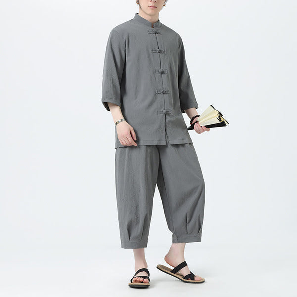 Buddha Stones 2Pcs Solid Frog-Button Three Quarter Sleeve Shirt Pants Men's Set