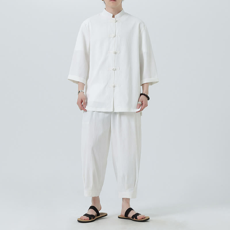 Buddha Stones 2Pcs Solid Frog-Button Three Quarter Sleeve Shirt Pants Men's Set