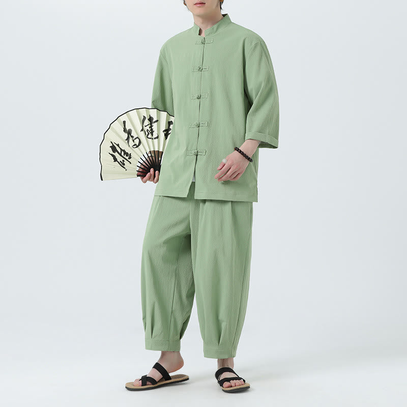 Buddha Stones 2Pcs Solid Frog-Button Three Quarter Sleeve Shirt Pants Men's Set