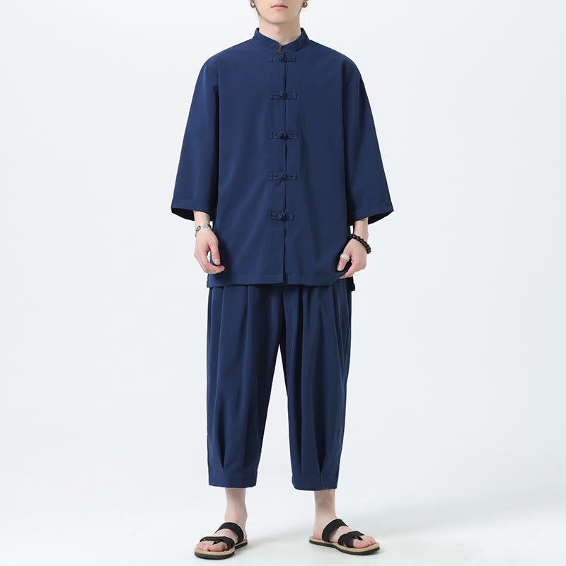 Buddha Stones 2Pcs Solid Frog-Button Three Quarter Sleeve Shirt Pants Men's Set