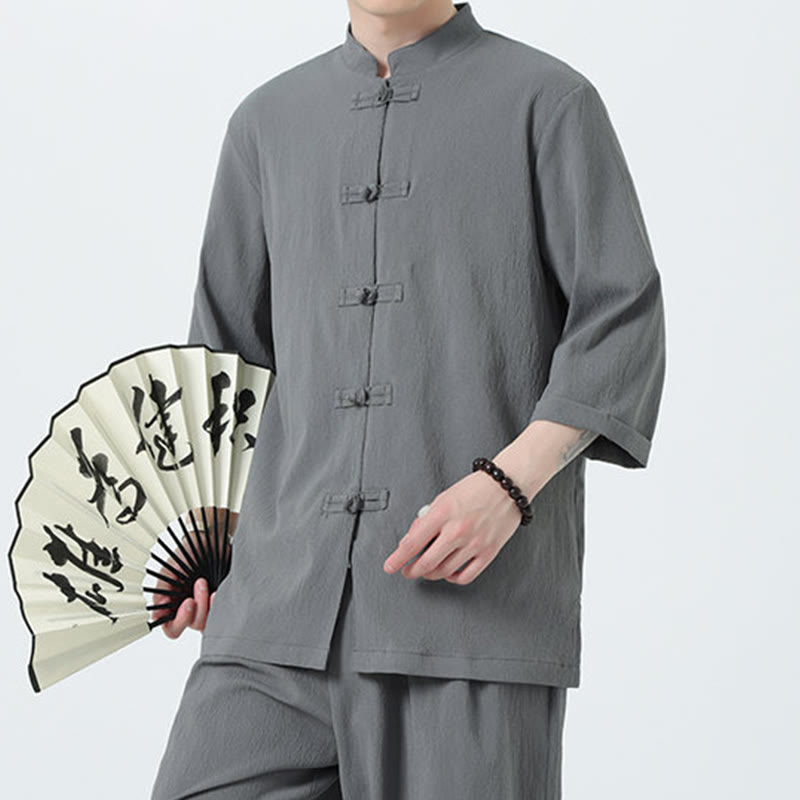 Buddha Stones 2Pcs Solid Frog-Button Three Quarter Sleeve Shirt Pants Men's Set
