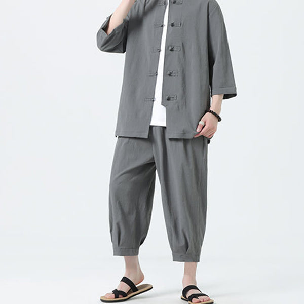 Buddha Stones 2Pcs Solid Frog-Button Three Quarter Sleeve Shirt Pants Men's Set