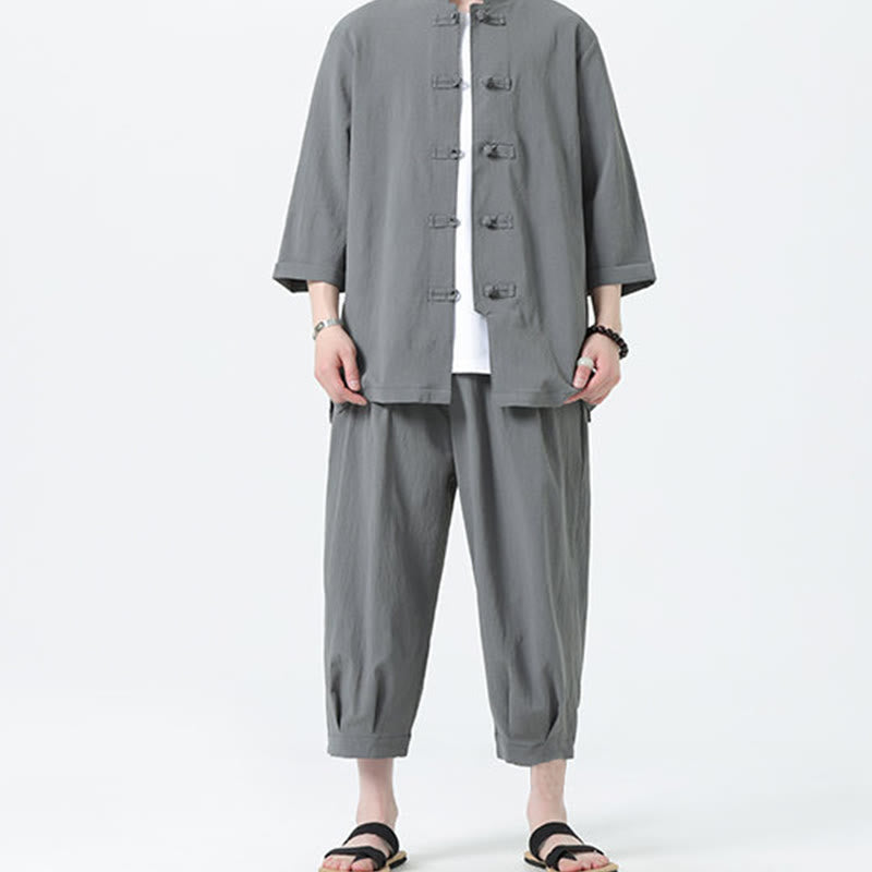 Buddha Stones 2Pcs Solid Frog-Button Three Quarter Sleeve Shirt Pants Men's Set