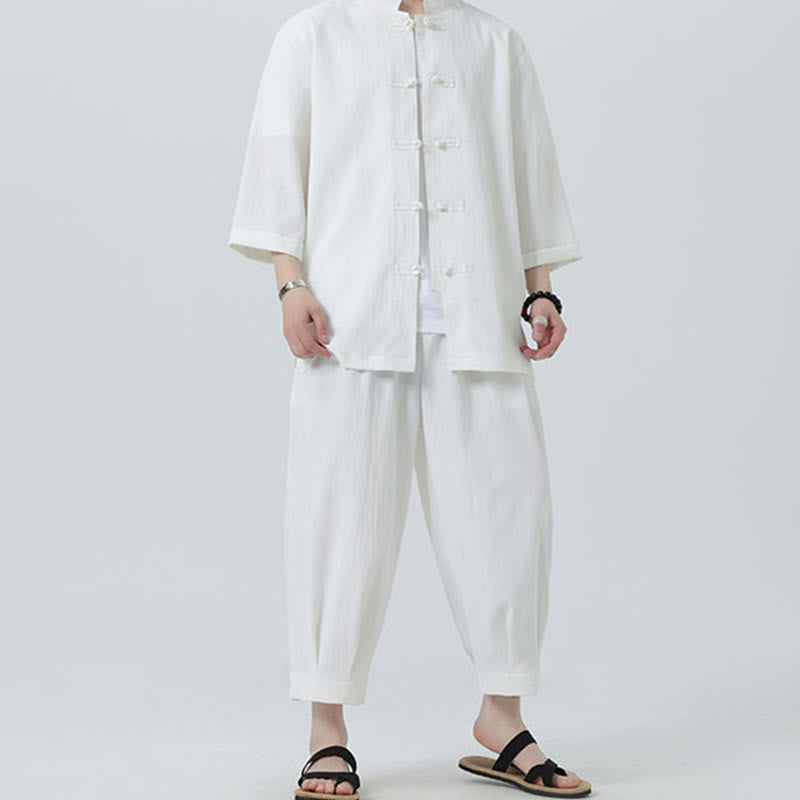 Buddha Stones 2Pcs Solid Frog-Button Three Quarter Sleeve Shirt Pants Men's Set