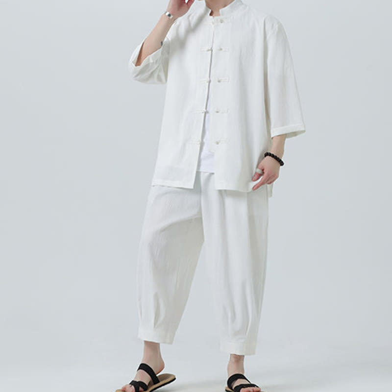 Buddha Stones 2Pcs Solid Frog-Button Three Quarter Sleeve Shirt Pants Men's Set
