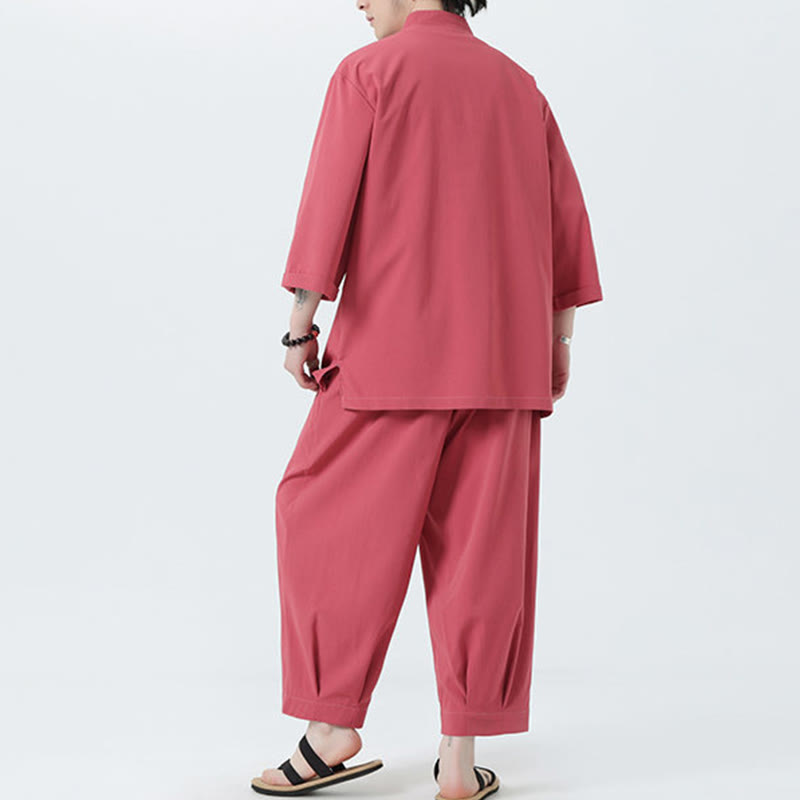 Buddha Stones 2Pcs Solid Frog-Button Three Quarter Sleeve Shirt Pants Men's Set