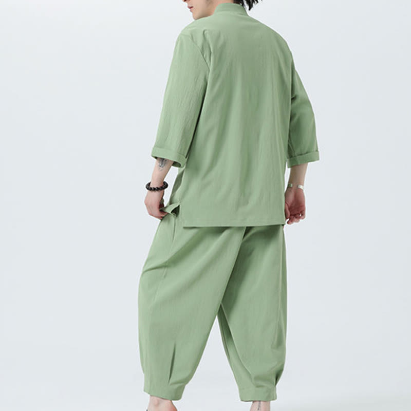 Buddha Stones 2Pcs Solid Frog-Button Three Quarter Sleeve Shirt Pants Men's Set