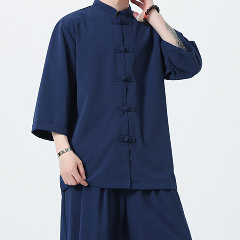Buddha Stones 2Pcs Solid Frog-Button Three Quarter Sleeve Shirt Pants Men's Set