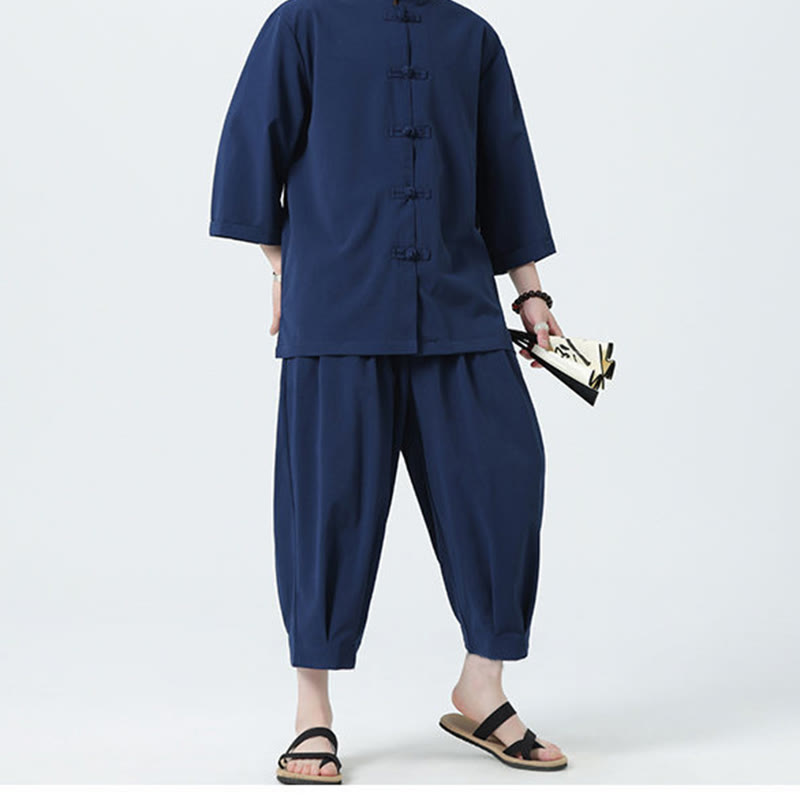 Buddha Stones 2Pcs Solid Frog-Button Three Quarter Sleeve Shirt Pants Men's Set