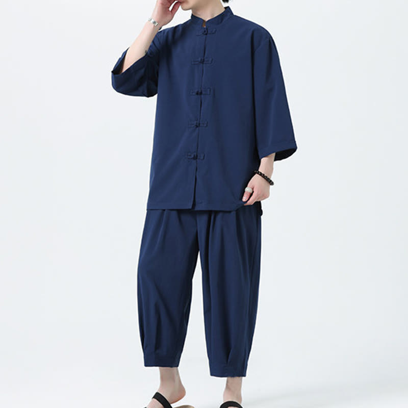 Buddha Stones 2Pcs Solid Frog-Button Three Quarter Sleeve Shirt Pants Men's Set
