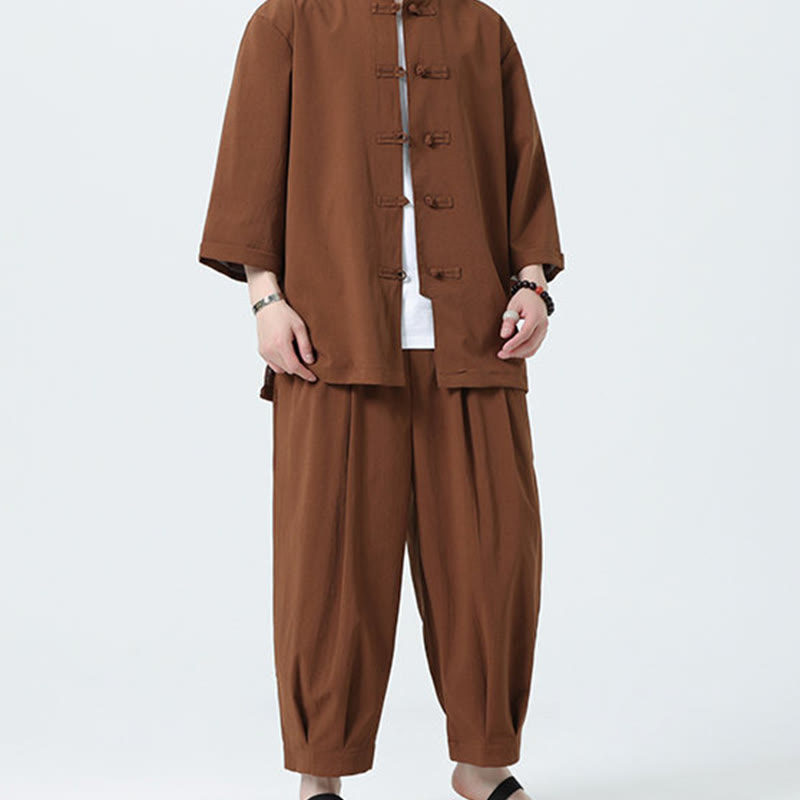 Buddha Stones 2Pcs Solid Frog-Button Three Quarter Sleeve Shirt Pants Men's Set