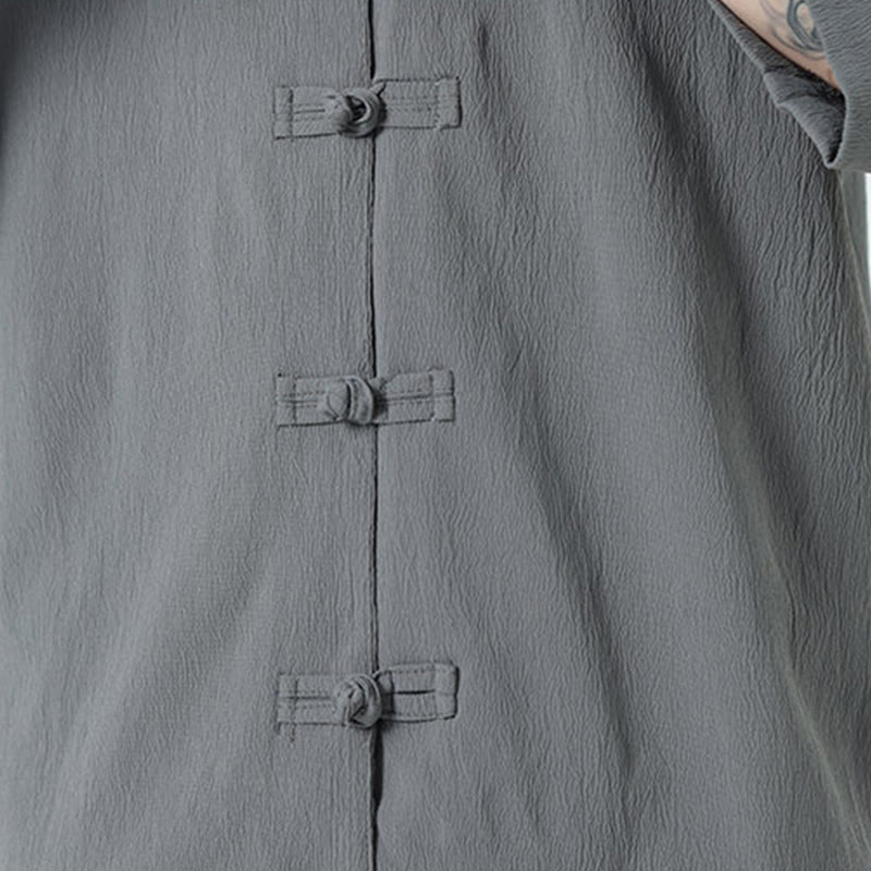 Buddha Stones 2Pcs Solid Frog-Button Three Quarter Sleeve Shirt Pants Men's Set