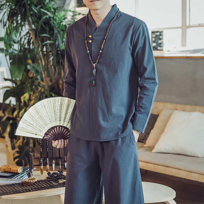 Buddha Stones 2Pcs Cotton Shirt Ankle-Length Pants With Pockets Men's Meditation Cloth Set