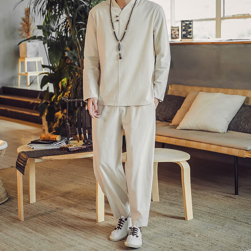 Buddha Stones 2Pcs Cotton Shirt Ankle-Length Pants With Pockets Men's Meditation Cloth Set